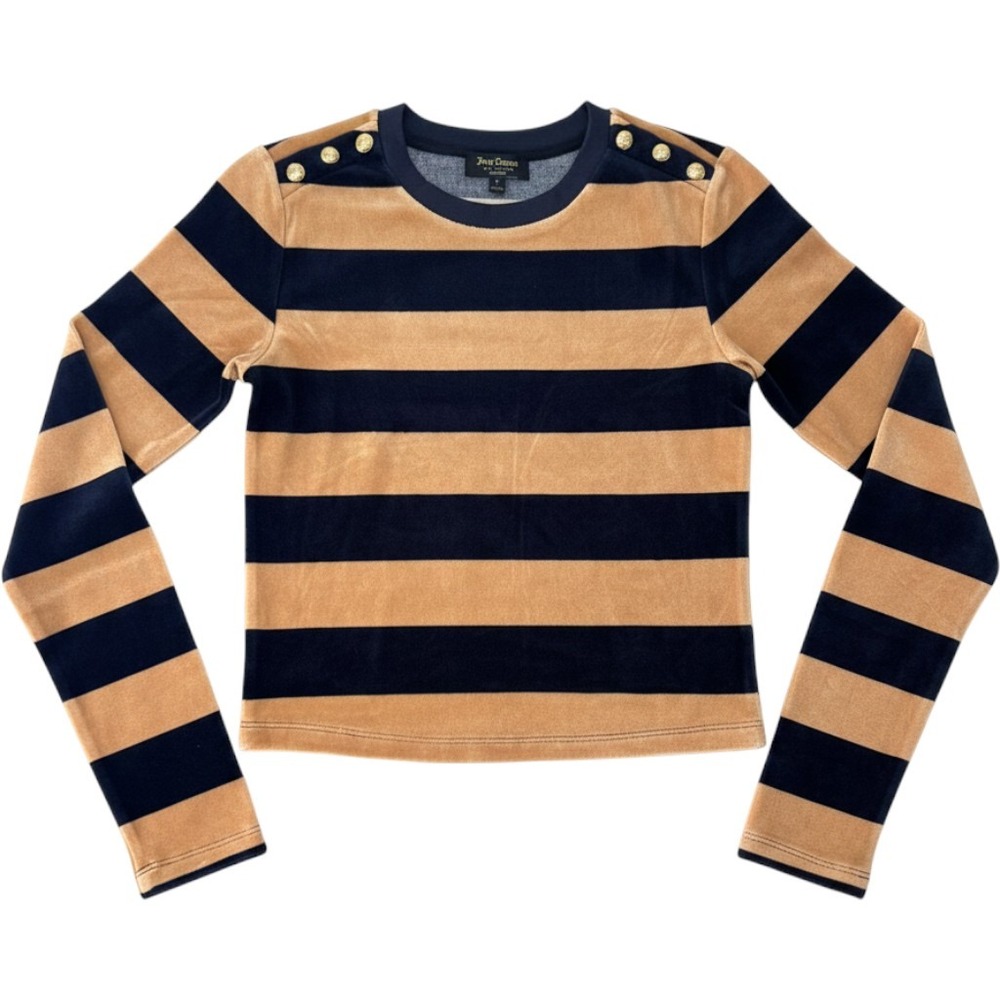 Juicy Couture Black Label Navy Tan Striped Velour Gold Buttons Shirt Small NEW